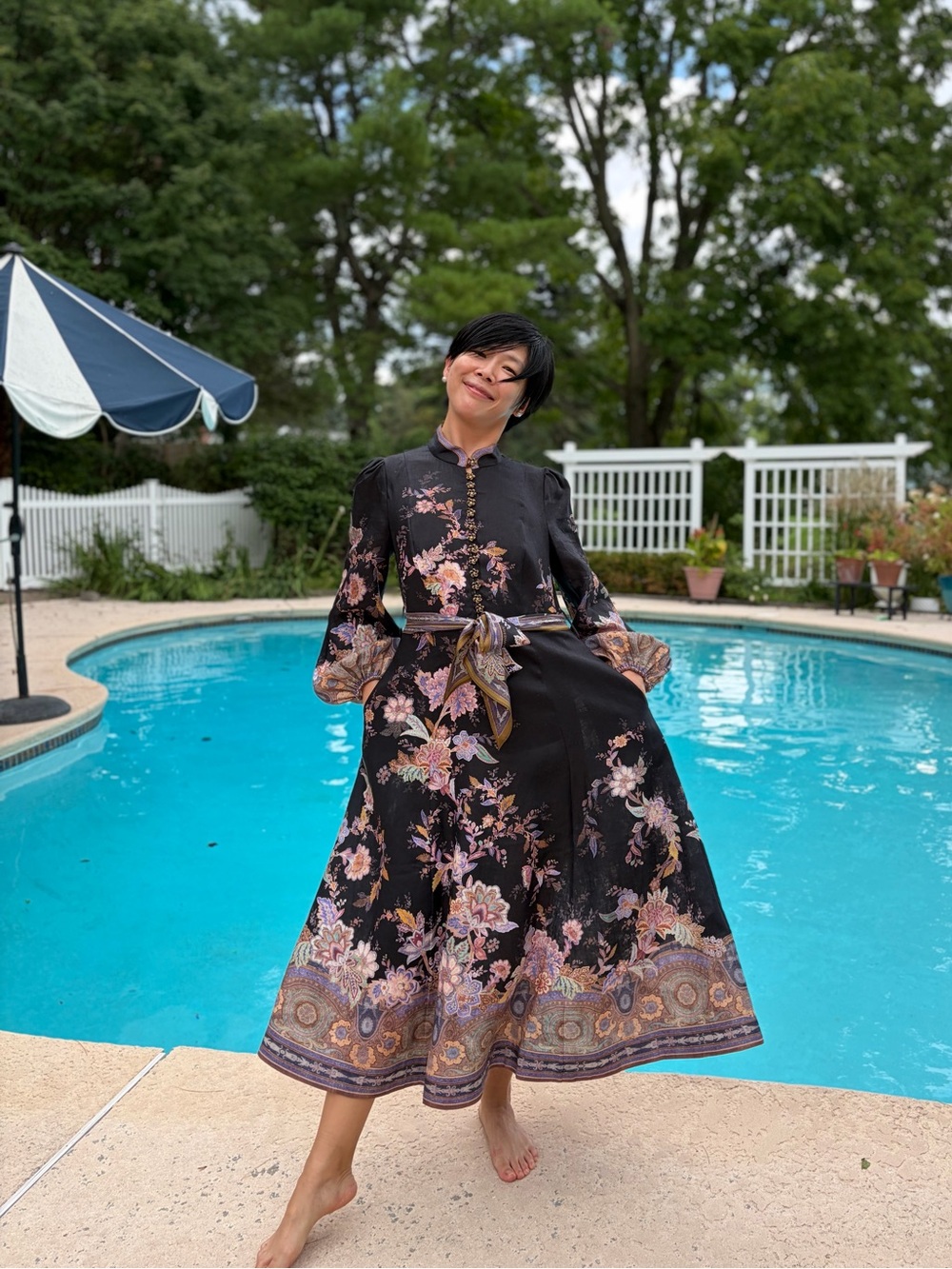 NWOT Zimmermann Floral Black Linen Midi Dress with Silk Belt, Size AU 0 = XS